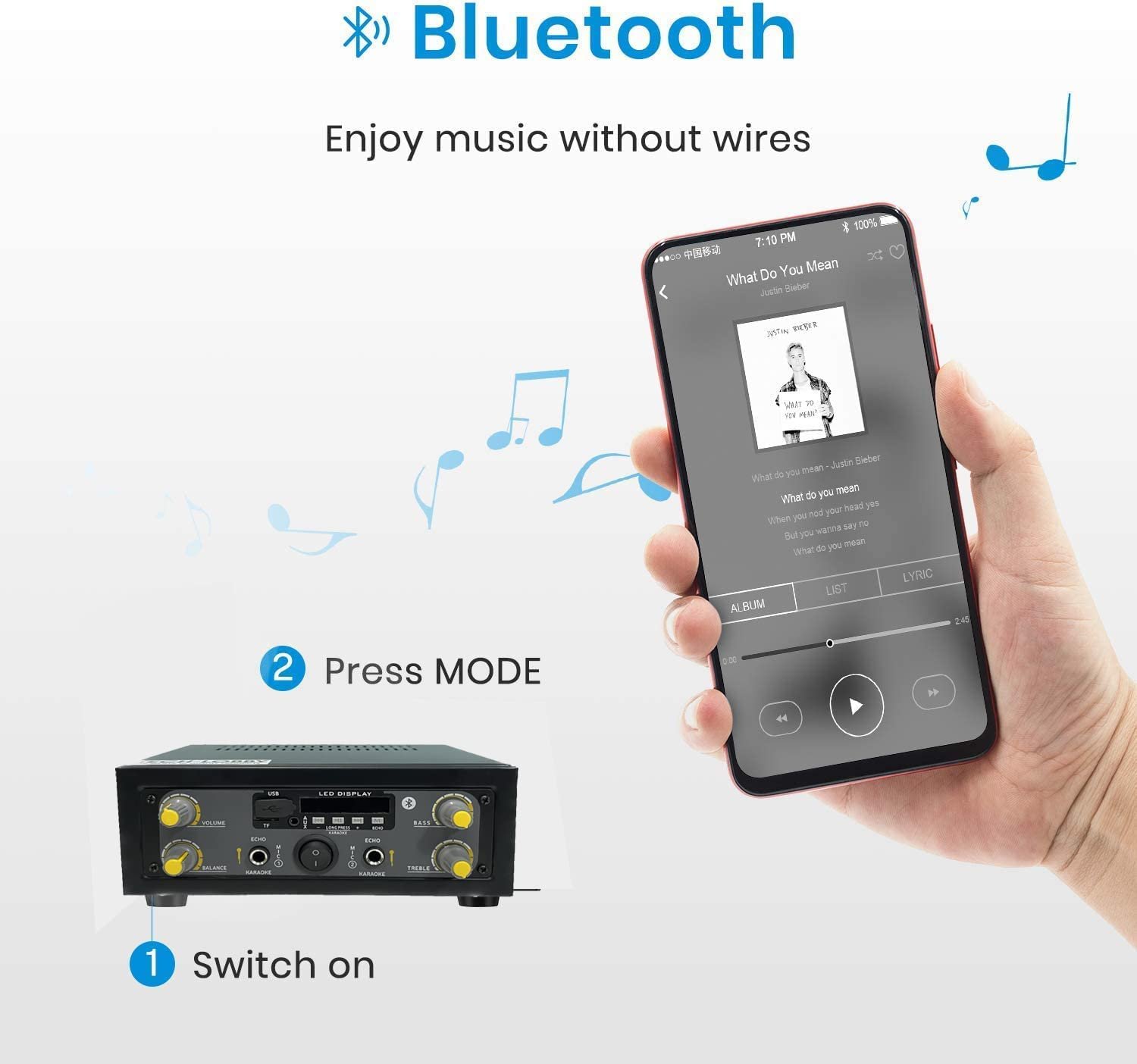 Tech-Unique Stereo Amplifier with Big LED Display/Bluetooth/2 MIC Input/USB/SD Card Slot/FM Radio/AUX Input/Remote Control & Built-in Equalizer with Bass, Treble & Balance Control (039 PRO)