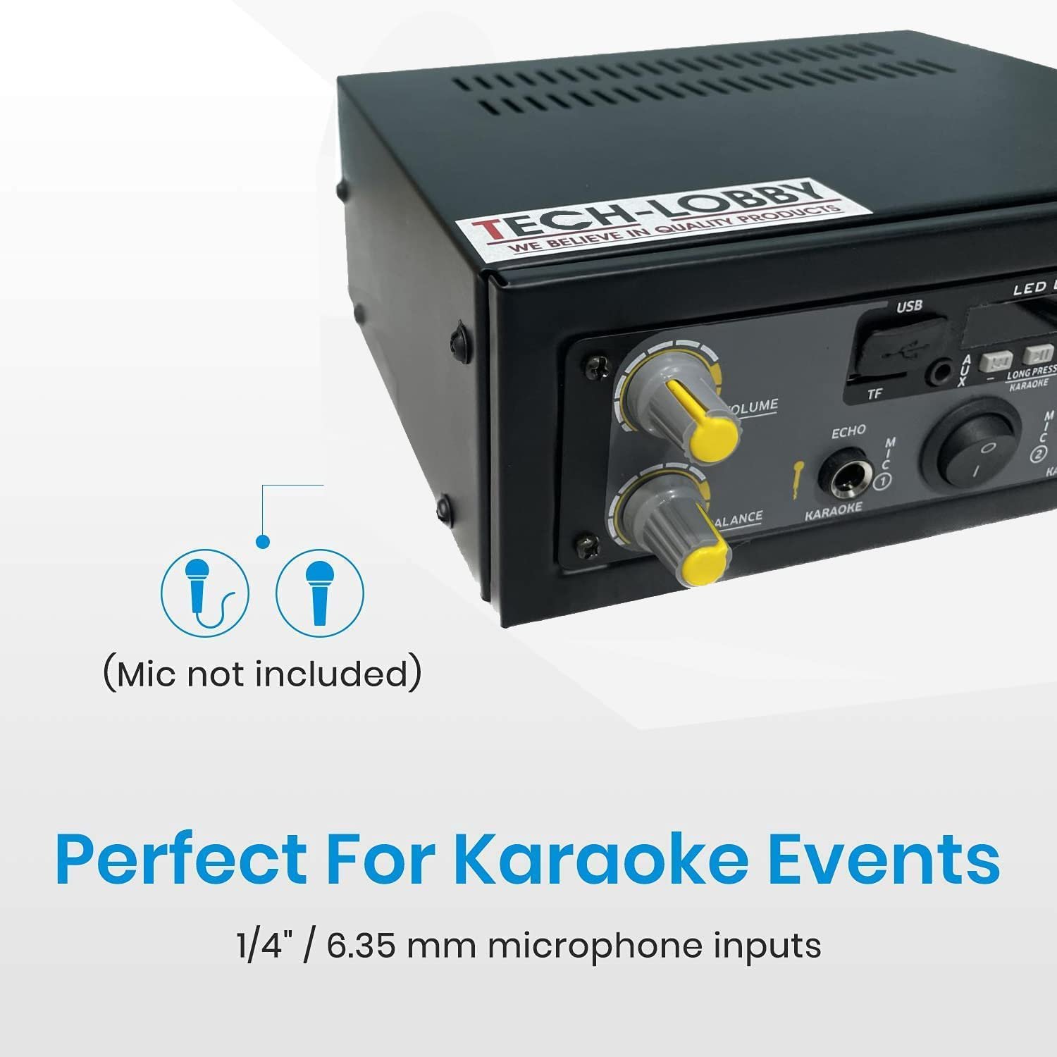 Tech-Unique Stereo Amplifier with Big LED Display/Bluetooth/2 MIC Input/USB/SD Card Slot/FM Radio/AUX Input/Remote Control & Built-in Equalizer with Bass, Treble & Balance Control (039 PRO)