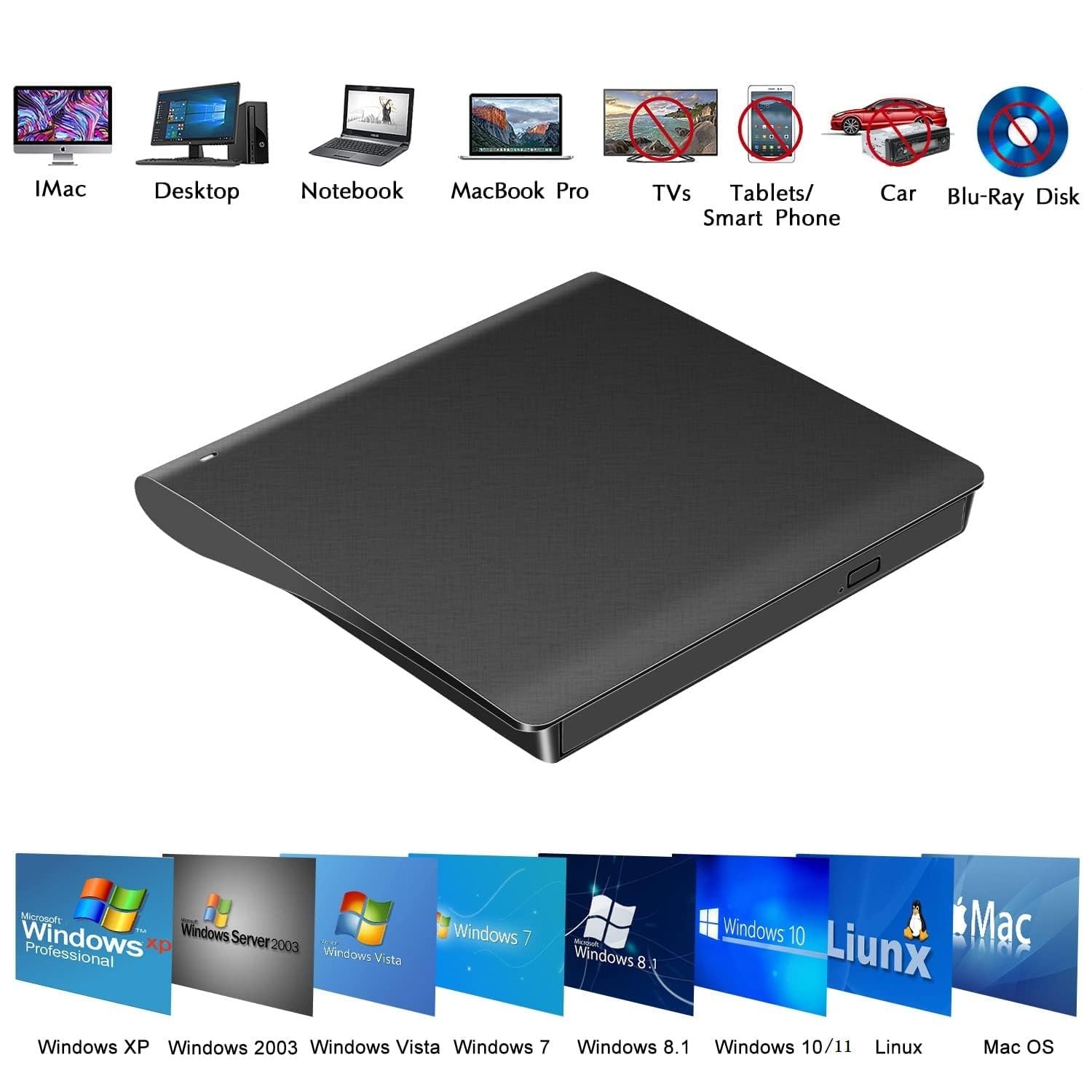BKC External DVD Drive USB 3.0 & Type-C, Portable CD/DVD +/-RW Burner Writer Player, Plug & Play for Laptop, PC, MacBook, Windows, Mac OS, Linux