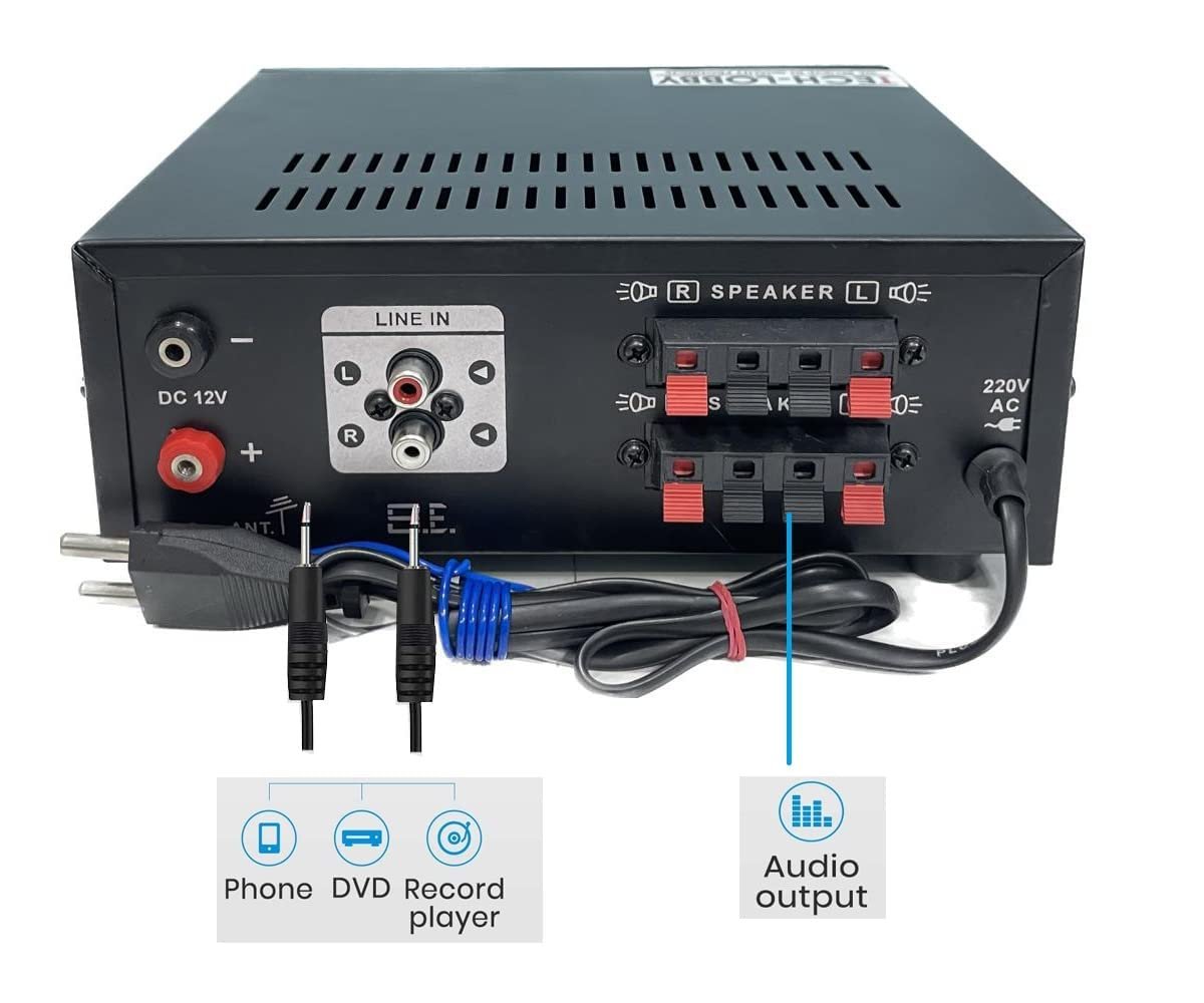 Tech-Unique Stereo Amplifier with Big LED Display/Bluetooth/2 MIC Input/USB/SD Card Slot/FM Radio/AUX Input/Remote Control & Built-in Equalizer with Bass, Treble & Balance Control (039 PRO)