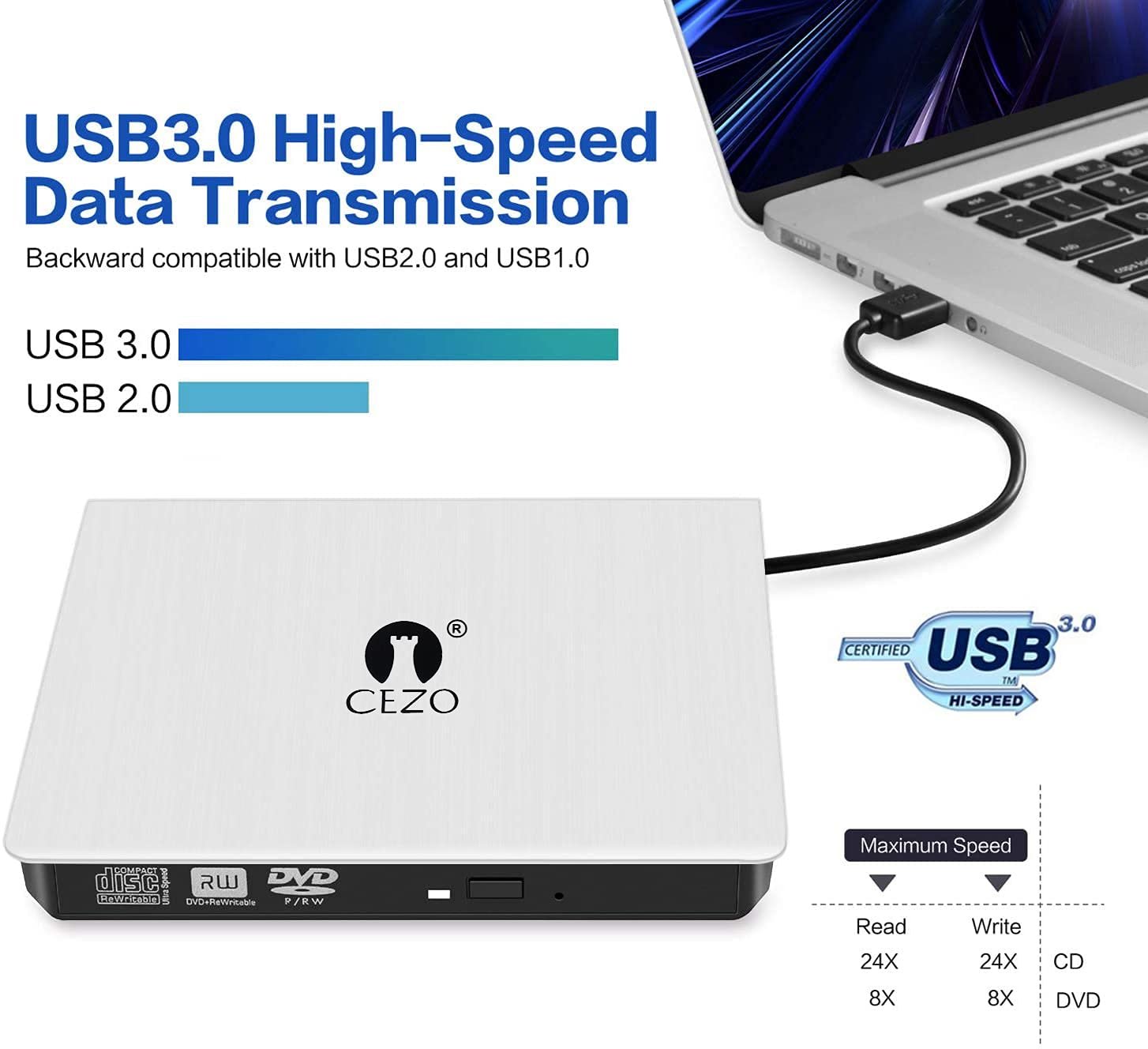 CEZO External USB 3.0 Portable Slim CD/DVD-ROM +-R-R-RW Burner Writer for Laptop Desktop Notebook Windows and Mac OS (White)