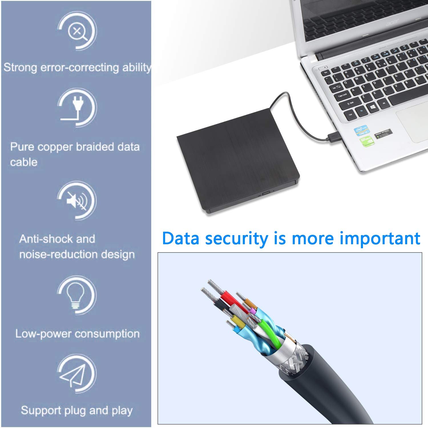 External CD/DVD Drive, USB 3.0 CD Player DVD Drive ROM +/-RW Optical Reader Writer Burner for Windows 10/8/7, Linux, Mac Laptop Desktop PC, MacBook Pro/Air, iMac, Surface Pro (Black)