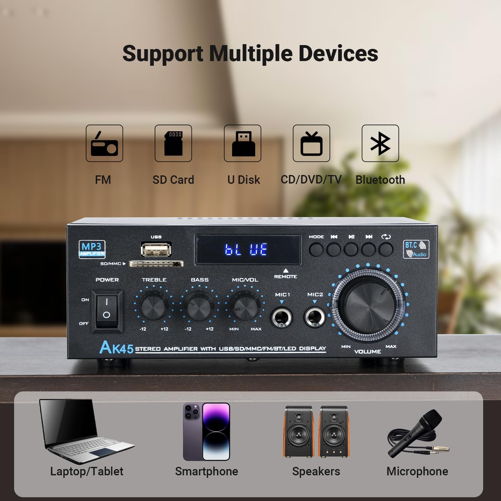 Stereo Receiver & Amplifier Home Audio Amp, AK45 Bluetooth Receiver for Home Stereo, 300Wx2, Bluetooth 5.0, 2 Channel, w/FM & Karaoke, w/USB/SD/RCA/MIC/FM in, w/Remote, for Garage Party Market