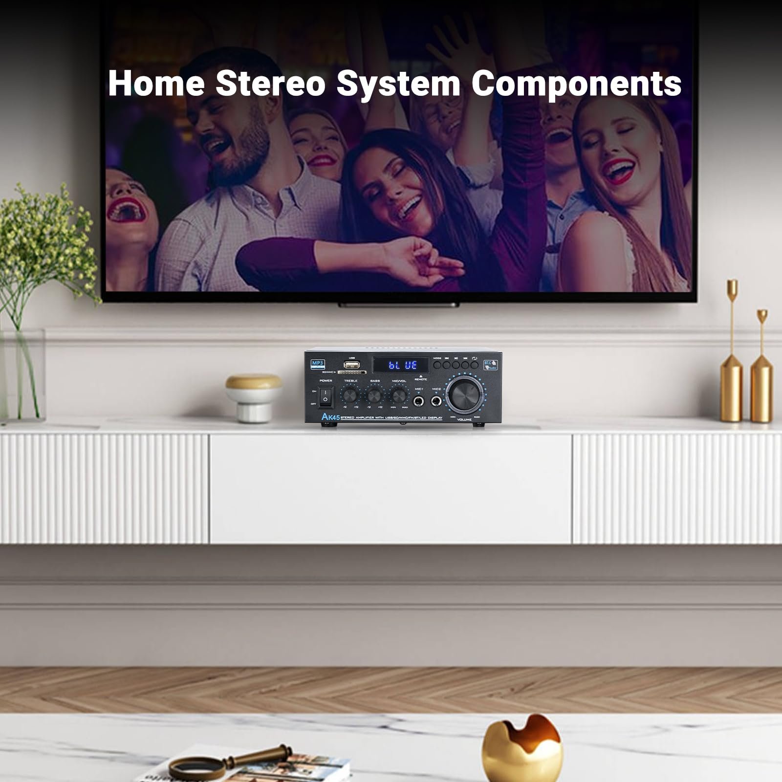 Stereo Receiver & Amplifier Home Audio Amp, AK45 Bluetooth Receiver for Home Stereo, 300Wx2, Bluetooth 5.0, 2 Channel, w/FM & Karaoke, w/USB/SD/RCA/MIC/FM in, w/Remote, for Garage Party Market