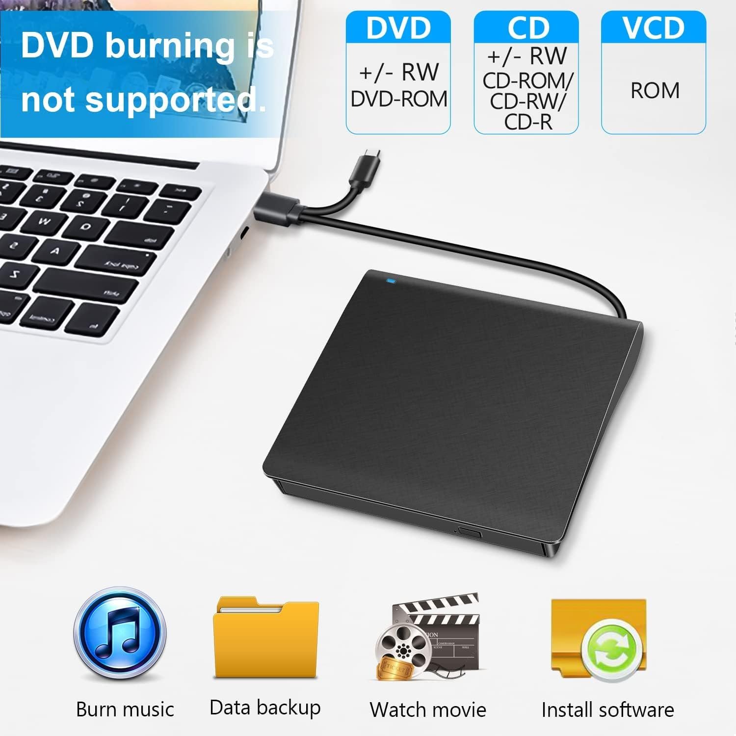 BKC External DVD Drive USB 3.0 & Type-C, Portable CD/DVD +/-RW Burner Writer Player, Plug & Play for Laptop, PC, MacBook, Windows, Mac OS, Linux