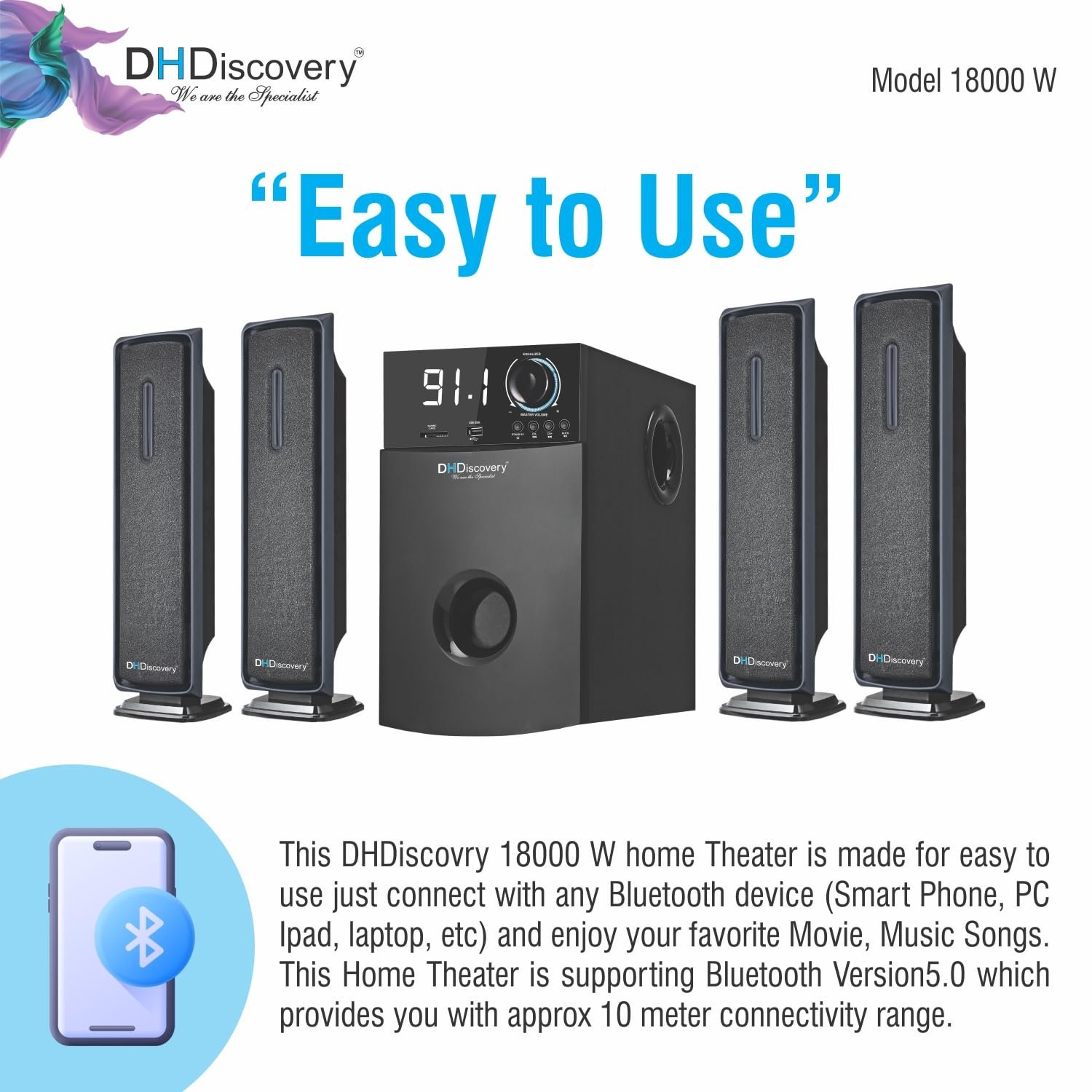 DH Discovery DH18000 250Watt 4.1 Home Theatre System | Multimedia Speakers |Bluetooth Speaker | with Bluetooth v5.0/1 USB Slot/1 AUX/Built in FM Radio/LED Display with Remote Control (Black)