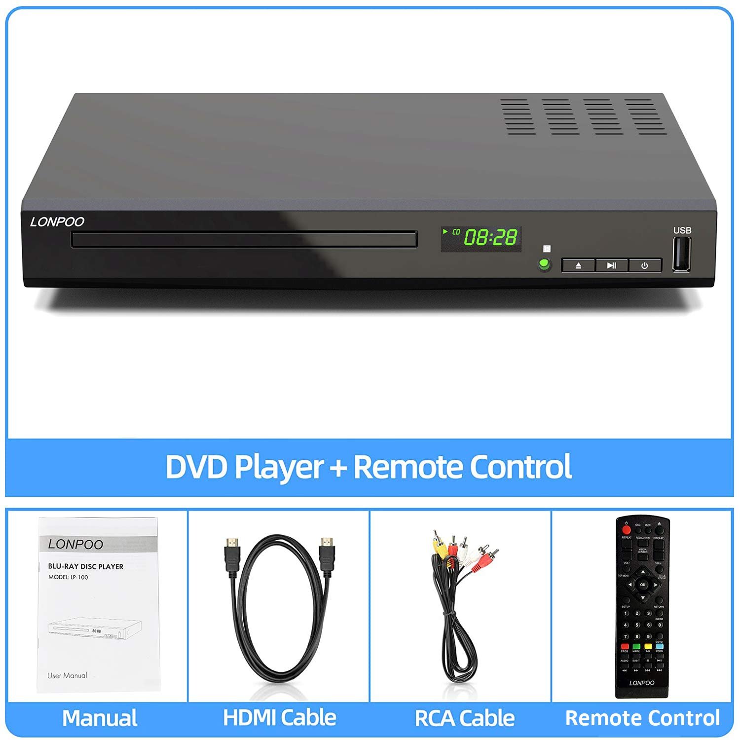 HD Blu-Ray Disc Player for TV with HDMI & AV Cables, Upscaling TV CD DVD Player 1080P, Built-in PAL NTSC, HDMI AV Coaxial Output USB Input
