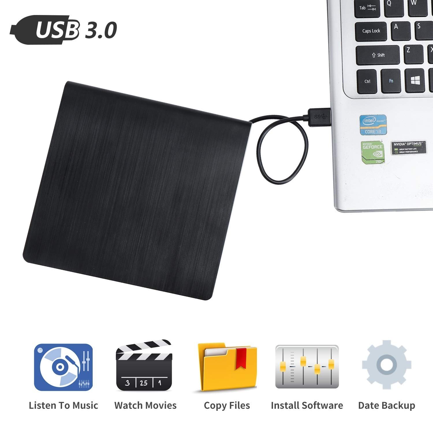 External CD/DVD Drive, USB 3.0 CD Player DVD Drive ROM +/-RW Optical Reader Writer Burner for Windows 10/8/7, Linux, Mac Laptop Desktop PC, MacBook Pro/Air, iMac, Surface Pro (Black)