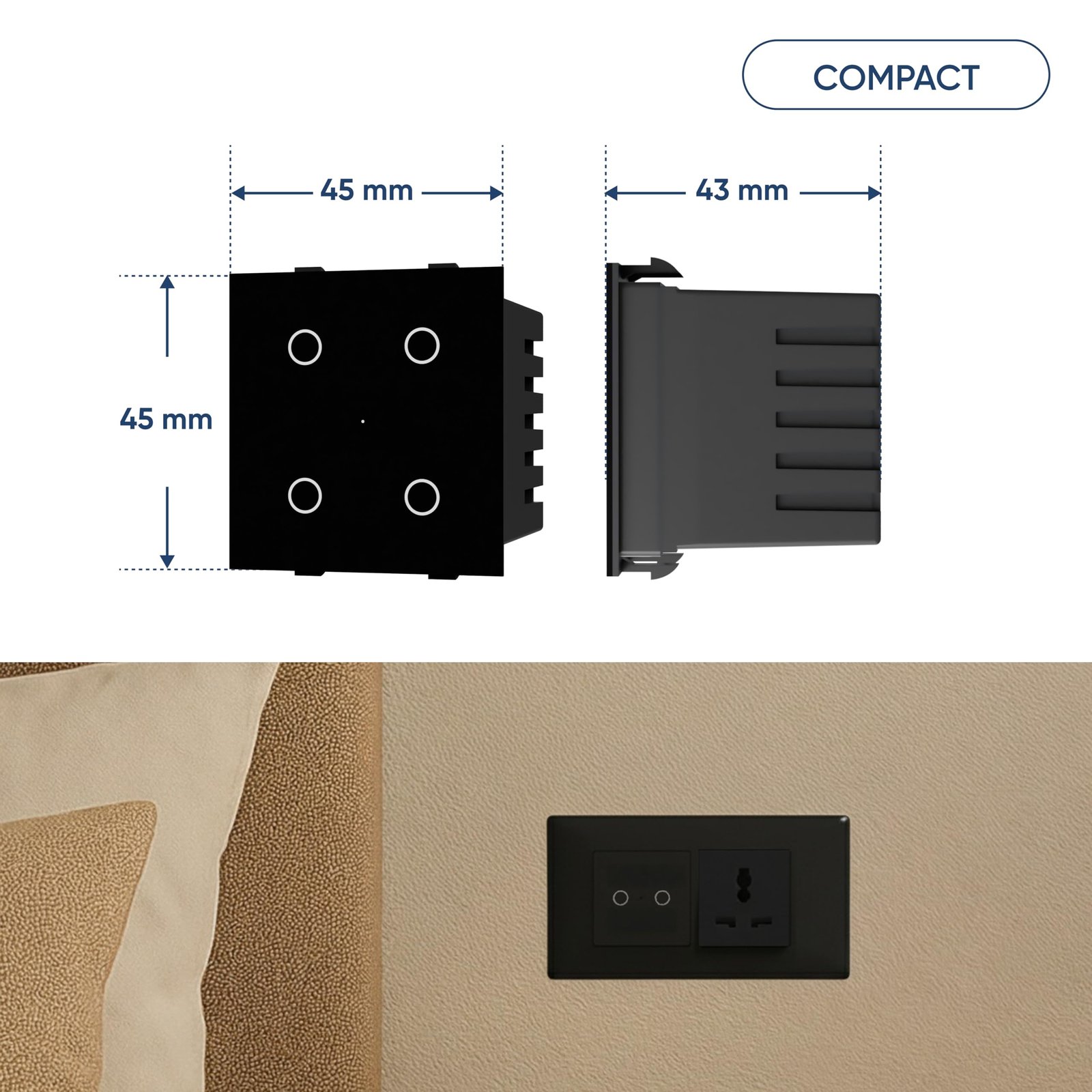 AZIOT SMART MODULAR 2 GANG PREMIUM TOUCH SWITCH (16amp Each) - GLASS (Not Acrylic): Elevate Your Home with Effortless Control (Fits in Anchor Roma Classic and similar plates)