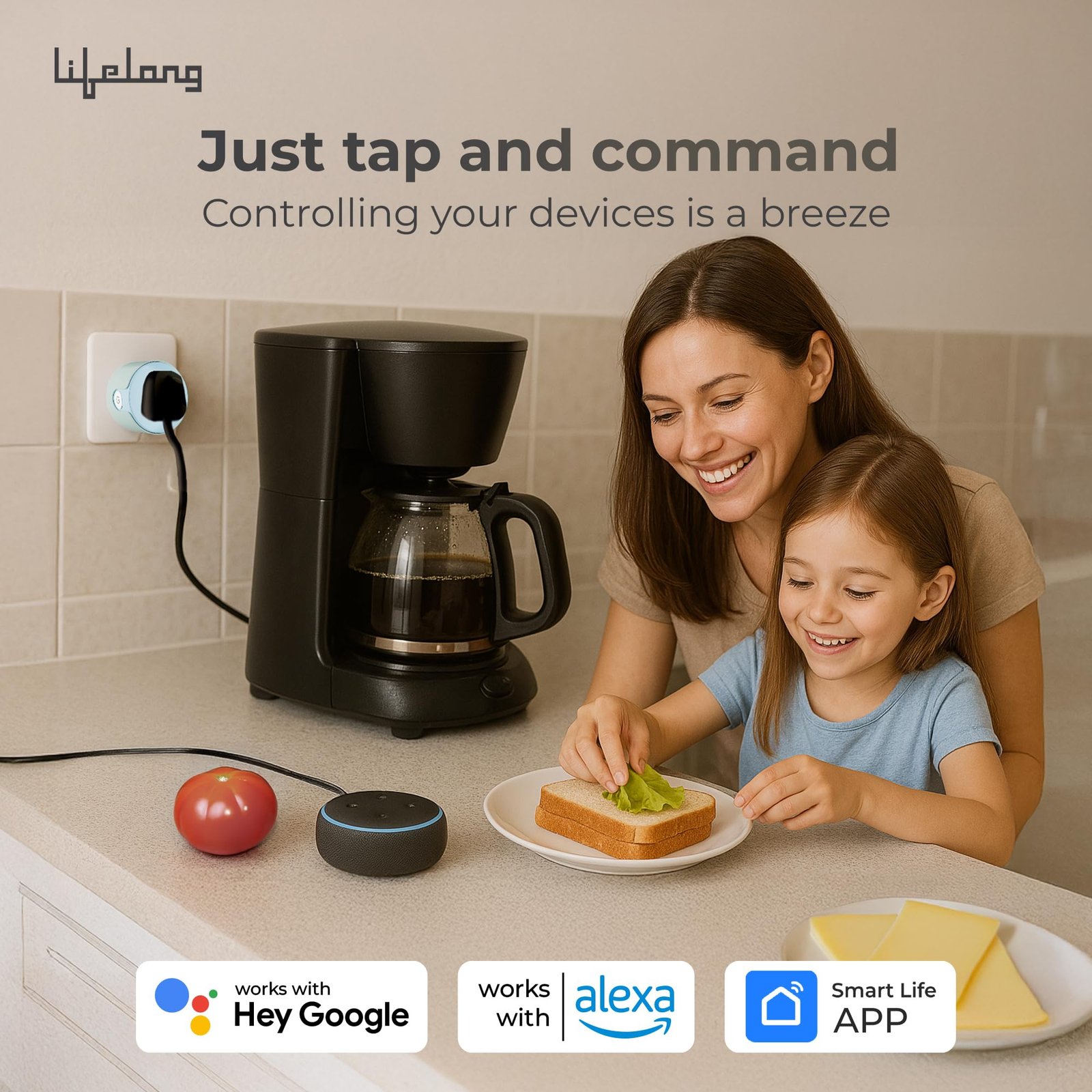 Lifelong Electronics 10A WiFi Smart Power Plug for Home Automation | With App Control, Timer, Voice Control, Scheduling | Smart Plugs Gadget | Electrical Switch Socket | Compatible with Alexa & Google