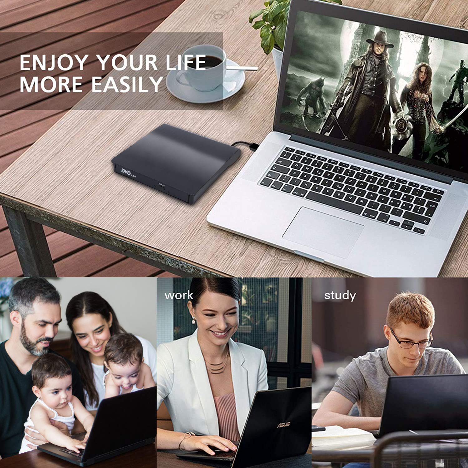 External CD/DVD Drive, USB 3.0 CD Player DVD Drive ROM +/-RW Optical Reader Writer Burner for Windows 10/8/7, Linux, Mac Laptop Desktop PC, MacBook Pro/Air, iMac, Surface Pro (Black)